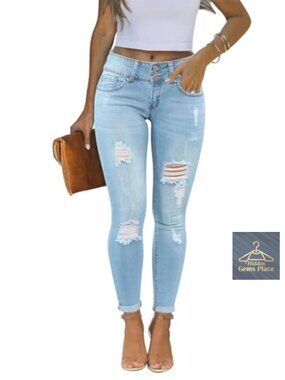 Skinny Distressed Stretchy Denim Jeans Mid Rise Ripped Tassel Hem